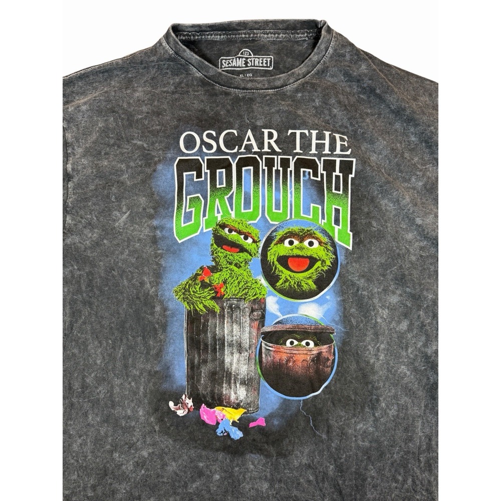 Sesame Street Oscar The Grouch T Shirt Mens XL Acid Wash Graphic Tee Black